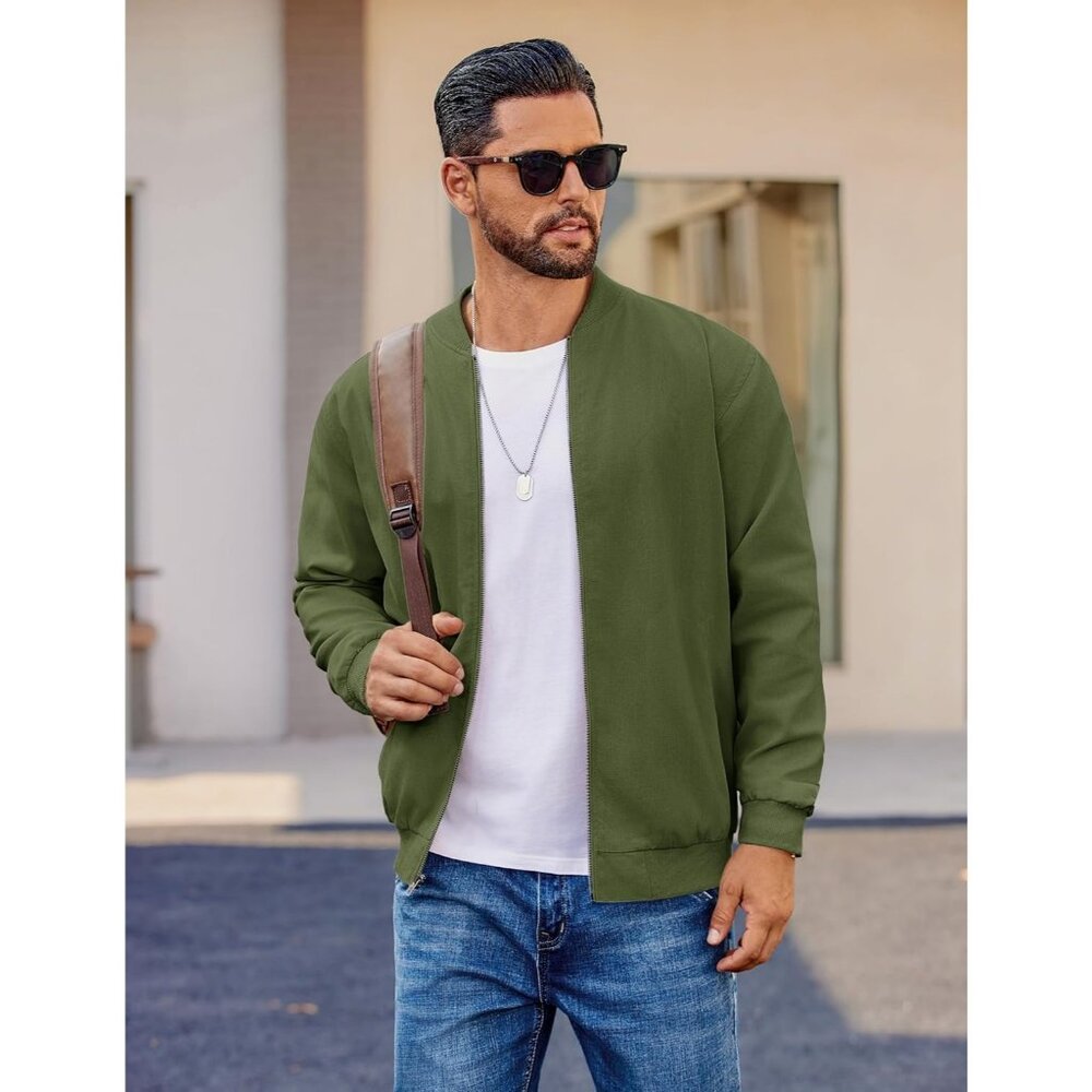 Men's Casual Cotton Bomber Jacket Army Green Lightweight Flight Softshell - Picture 4 of 5